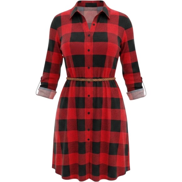 J for Justify Dresses & Skirts - J for Justify Shirt Dress XL‎ Red Black Buffalo Plaid Belted Roll Tab Sleeve XL